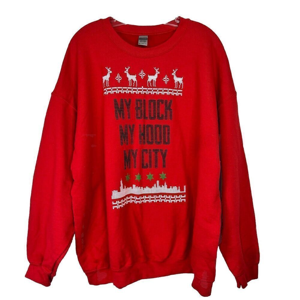 Ugly Christmas Sweater Unisex Sz 2XL Red Cotton Blend “My Blood My Hood My City”
